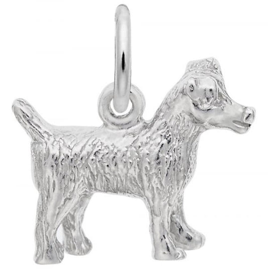 The Rembrandt Charms Jack Russell Terrier Dog Charm in sterling silver features a detailed pendant of a Jack Russell Terrier with a loop at the top for easily attaching to a chain or bracelet. The dog is crafted with a textured coat and stands in a proud, alert posture, making it an excellent addition to any collection.