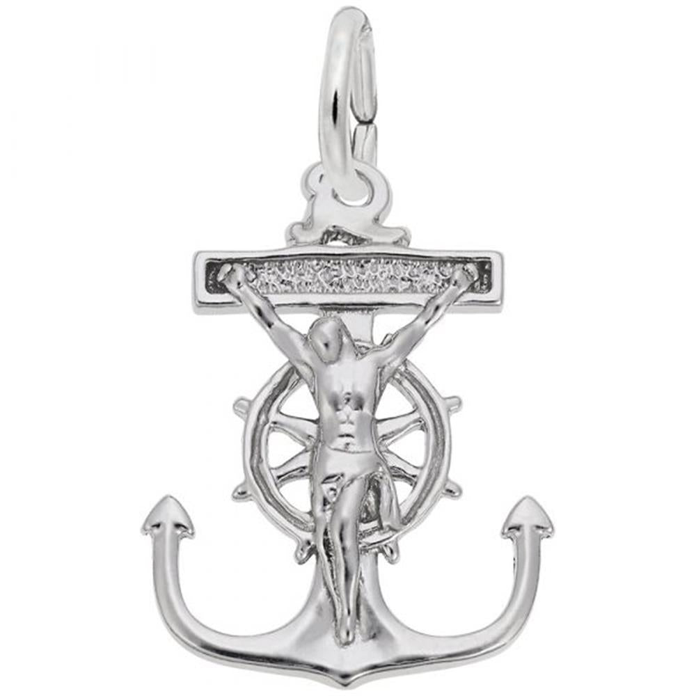 The Mariners Cross Charm by Rembrandt Charms is a sterling silver pendant featuring an anchor design with a ship's wheel background. At the center, a figure reminiscent of the crucifixion has arms outstretched horizontally, set against a bar adorned with small white stones—truly the perfect piece for any mariner.