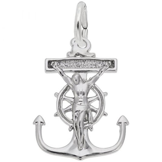 The Mariners Cross Charm by Rembrandt Charms is a sterling silver pendant featuring an anchor design with a ship's wheel background. At the center, a figure reminiscent of the crucifixion has arms outstretched horizontally, set against a bar adorned with small white stones—truly the perfect piece for any mariner.