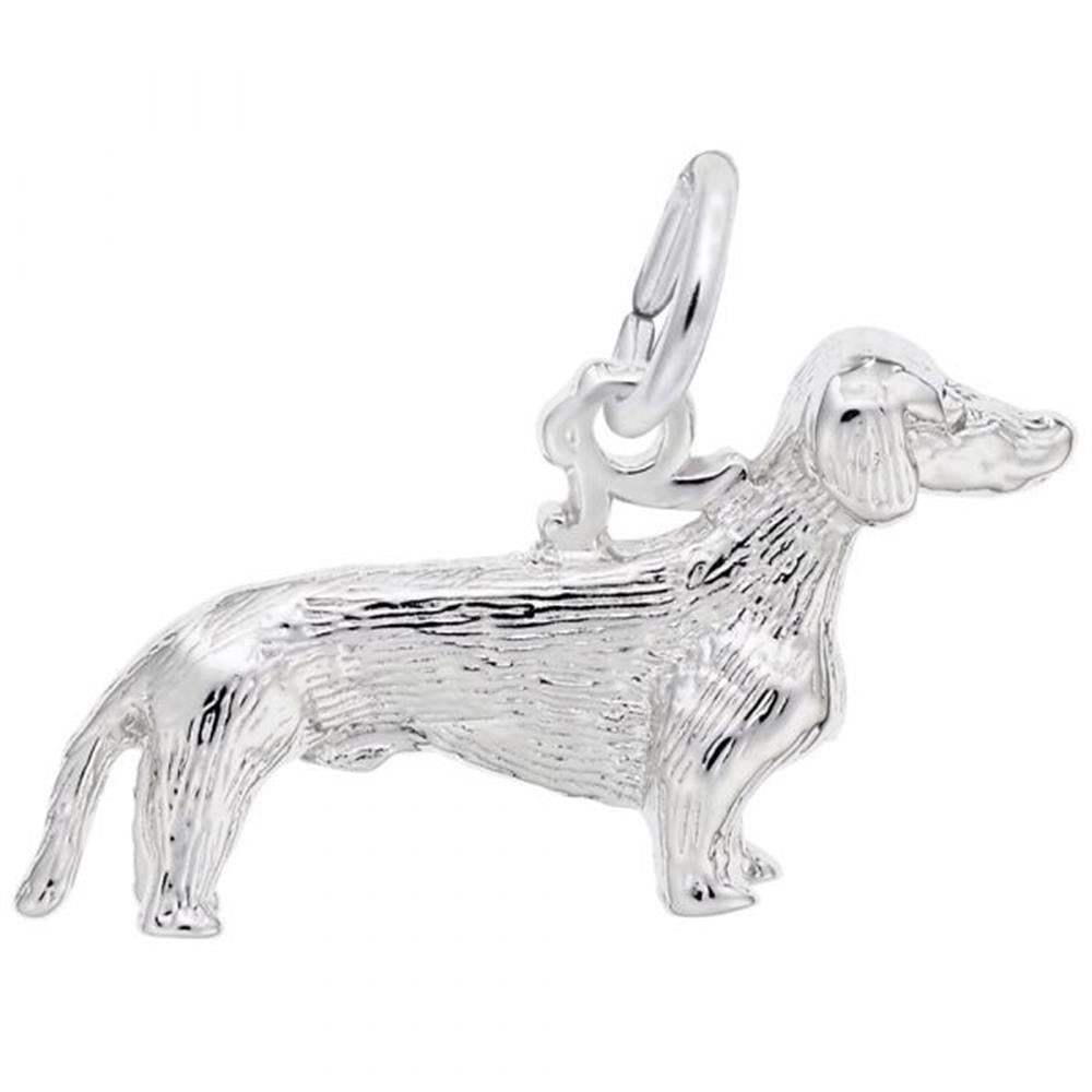 The Rembrandt Charms Dachshund Dog Charm in sterling silver features intricate fur and facial details, making it the perfect gift for pup lovers. It includes a small loop at the top for easy attachment to a bracelet or necklace.