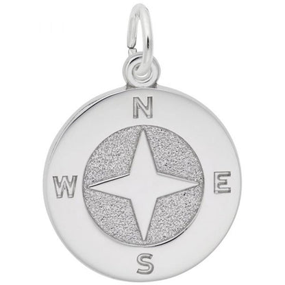 The Compass Charm in Sterling Silver by Rembrandt Charms showcases a central four-point star motif, with the letters N, S, E, and W gracefully indicating the cardinal directions around its edges. It features a polished finish and includes a small loop for easy attachment to a chain.