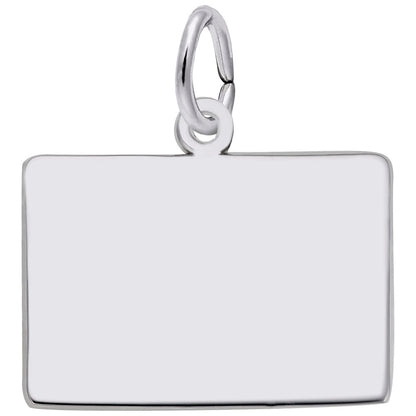 A detailed image showcases the Credit Card Charm in Sterling Silver, designed by Rembrandt Charms. This rectangular pendant boasts a smooth surface and a small loop at the top, perfect for attaching to a chain or bracelet. Its shiny and minimalist design makes it reminiscent of classic offerings from Rembrandt Charms.