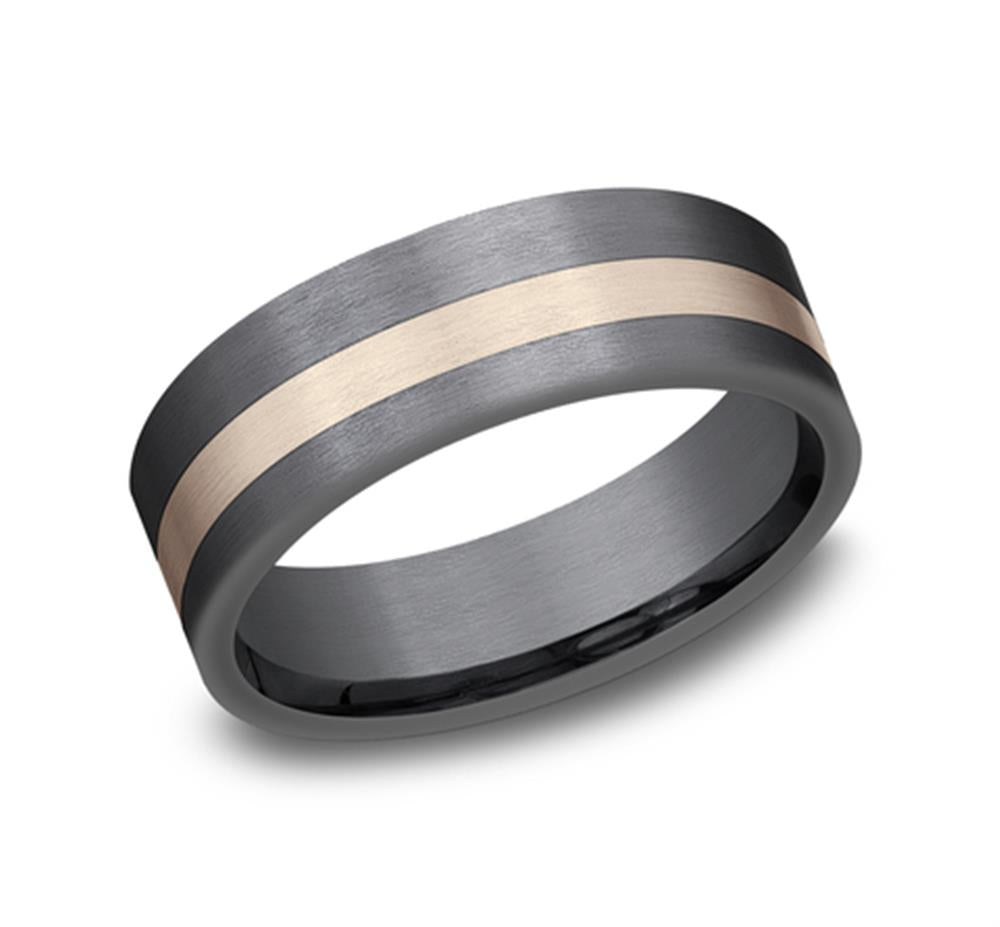 Introducing the Smooth Textured Black and Red Band by Benchmark Rings / Amarra Stone—a sleek, black titanium ring featuring a thin band of 14K rose gold running around its circumference. This ring exudes a polished finish and boasts a modern, minimalist design.