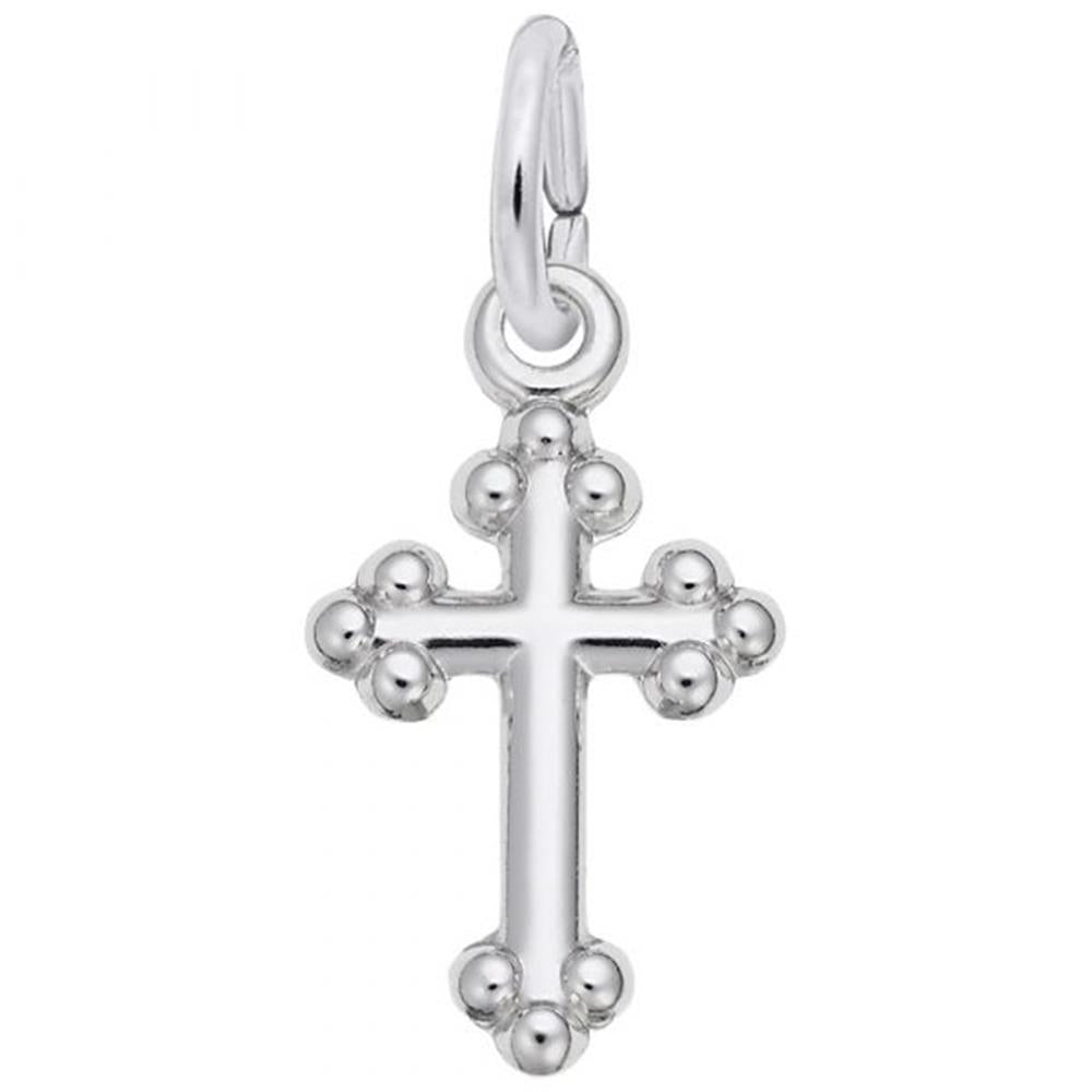 The Bottony Cross Accent Charm in Sterling Silver by Rembrandt Charms showcases a silver cross pendant with rounded decorative elements on the edges. It is crafted from sterling silver and comes with a small loop for hanging.