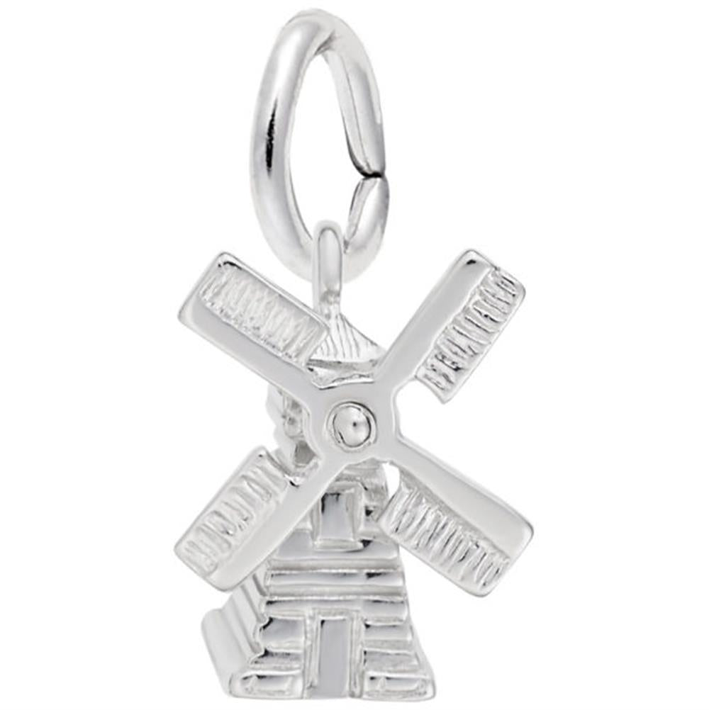 The Windmill Charm by Rembrandt Charms is crafted from shiny sterling silver. It intricately mimics the shape of a windmill with four detailed blades and includes a loop at the top for easy attachment to a bracelet or necklace. The charm features fine engravings that capture the texture of both the blades and structure.