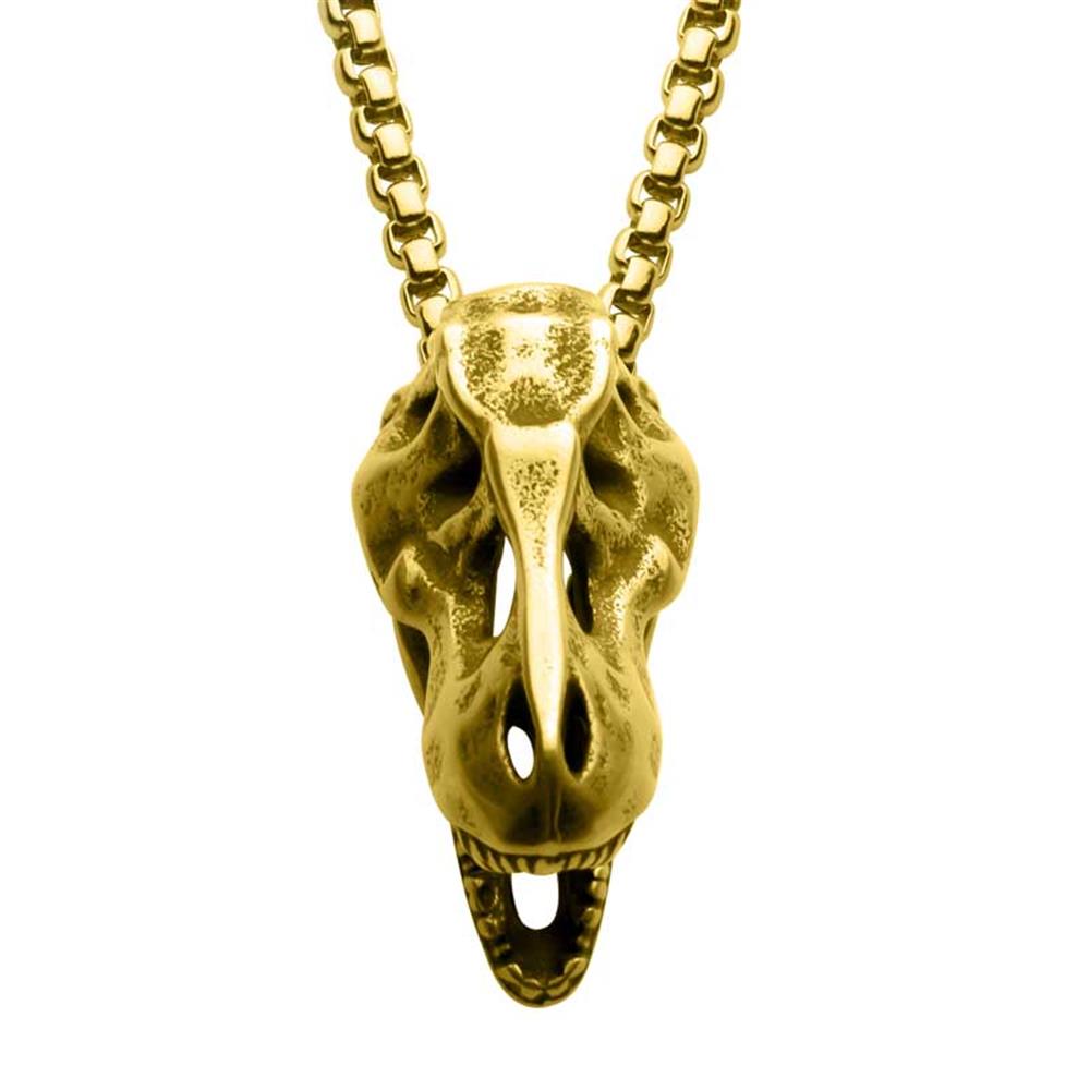 A close-up image of the Distressed Matte 18Kt Gold IP T-Rex Skull Pendant with Chain from INOX. The skull features detailed and hollowed-out areas, while the chain is a chunky 24” gold link design with a polished Gold IP finish.