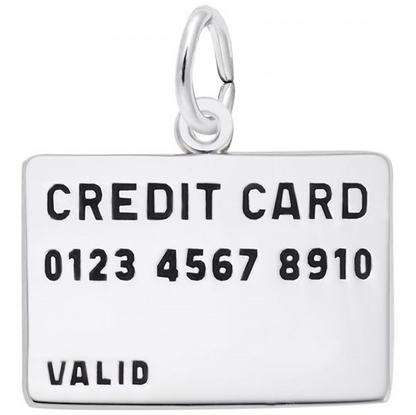 The Credit Card Charm in Sterling Silver by Rembrandt Charms features a unique design resembling a credit card, complete with the engraving "CREDIT CARD" and an imaginative number "0123 4567 8910." At the bottom left, the word "VALID" is expertly inscribed, reflecting the intricate craftsmanship typical of Rembrandt Charms.