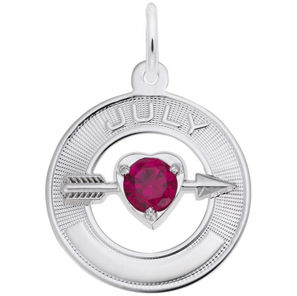 A July Love Birthstone Charm / Sterling Silver with the word "JULY" engraved at the top. At its center, a heart-shaped ruby gemstone with an arrow through it symbolizes love. The charm, crafted by Rembrandt Charms, has a loop at the top for easy attachment to a chain.