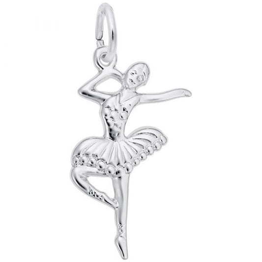 The image shows the Sterling Silver Ballet Dancer with Tutu Charm from Rembrandt Charms. The charm is crafted in sterling silver and features a detailed design of a ballet dancer in mid-pose, wearing a tutu. It measures 0.59 inches by 1.01 inches (14.87 mm x 25.74 mm) and has the style number 0191. This charm is a perfect keepsake for dancers and ballet enthusiasts.