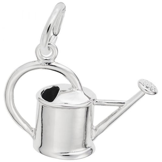 The Rembrandt Charms Watering Can Charm in sterling silver features a delicate, detailed design with a spout containing small holes and a handle at the top. This charming piece includes a loop for easy attachment to jewelry items like bracelets or necklaces.