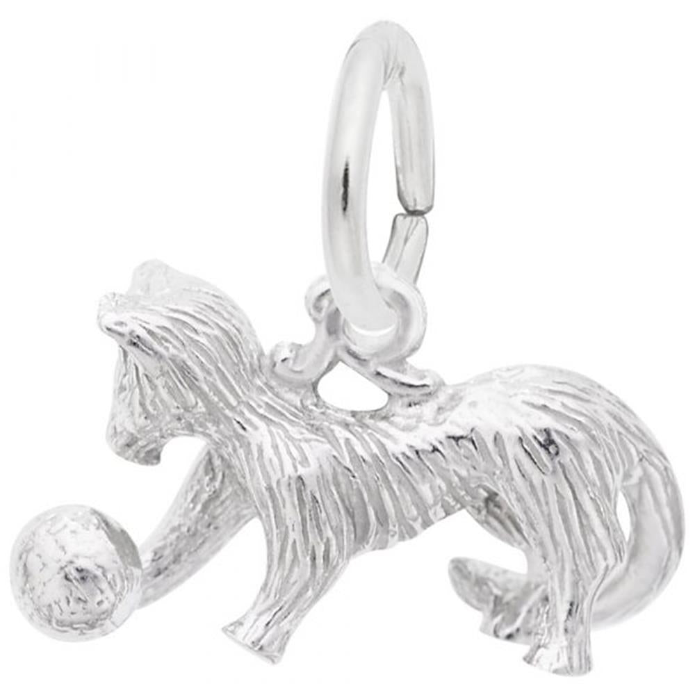 This Sterling Silver charm from Rembrandt Charms features a playful cat with a ball, showcasing intricate details such as a textured mane and body. The cat is in an amusing pose with one paw on the ball, and it includes a loop for easy attachment to a bracelet or necklace.