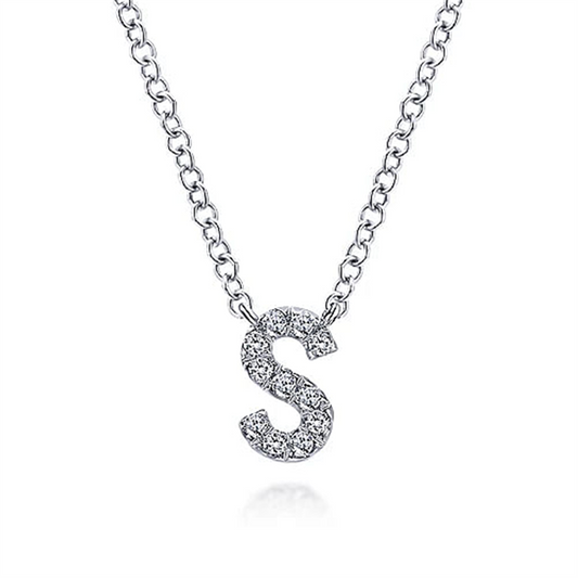 The Gabriel & Co 14K White Gold Diamond S Initial Pendant Necklace features a delicate chain, adorned with small, sparkling diamonds for a shimmering effect. This timeless piece is part of the Classic Collection and exudes elegance with its 14K white gold craftsmanship.