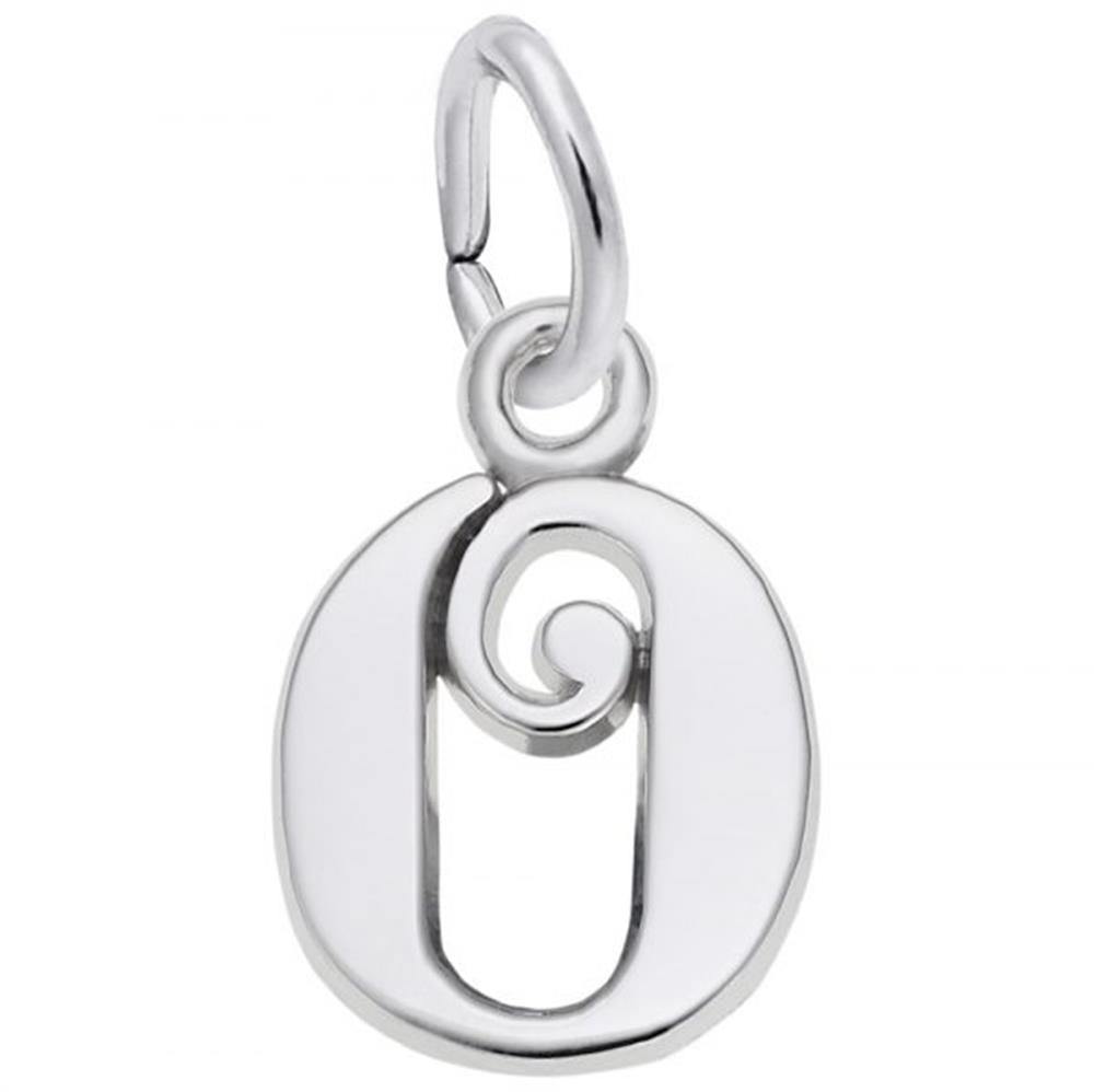 The Rembrandt Charms Curly Initial O Charm in sterling silver, showcasing a small, decorative spiral at its center, is displayed against a plain white background. The pendant has a smooth, shiny surface and is attached to a circular loop for hanging.