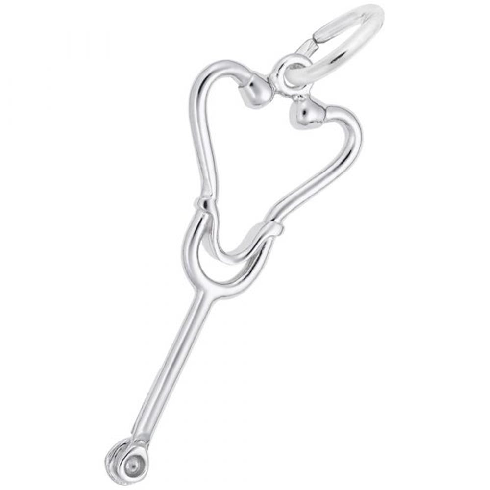 A sterling silver **Rembrandt Charms Stethoscope Charm** with a smooth, polished finish, featuring a heart design at the top and an attached small loop for hanging on a chain or bracelet. The stethoscope is detailed with realistic tubing and earpieces, making it a perfect tribute to the medical profession.