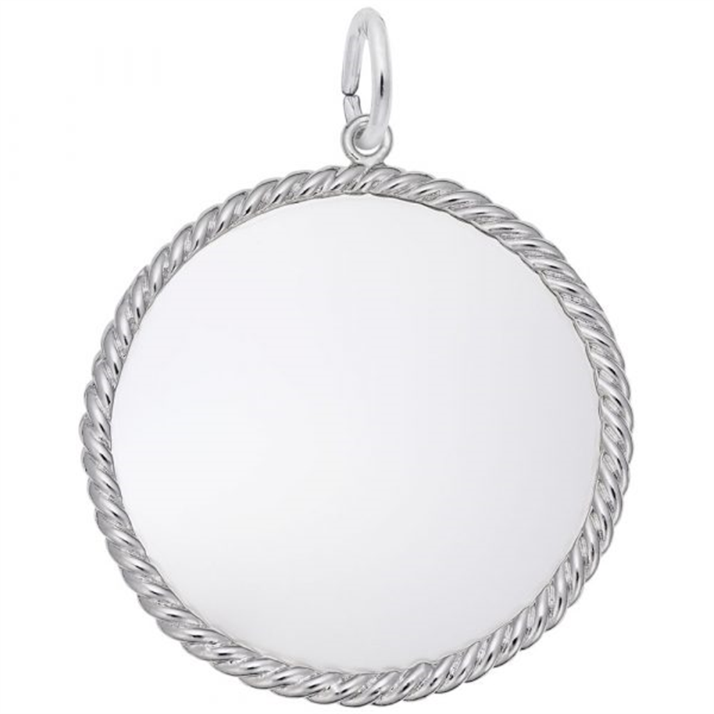 The Rope Disc - Sterling Silver Charm by Rembrandt Charms showcases a round, smooth, reflective surface that is elegantly encircled by an intricately twisted rope design. This charm, often referred to as a rope disc, features a small loop at the top for easy attachment to a necklace or bracelet.