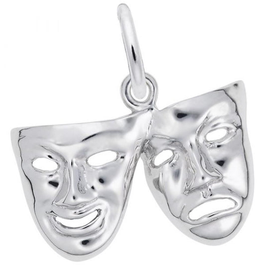 The Comedy & Tragedy Charm in sterling silver by Rembrandt Charms features the classic theater masks, with the left mask having a smiling expression and the right mask portraying a frowning face. The charms are connected at the top and include a loop for attaching to a chain.