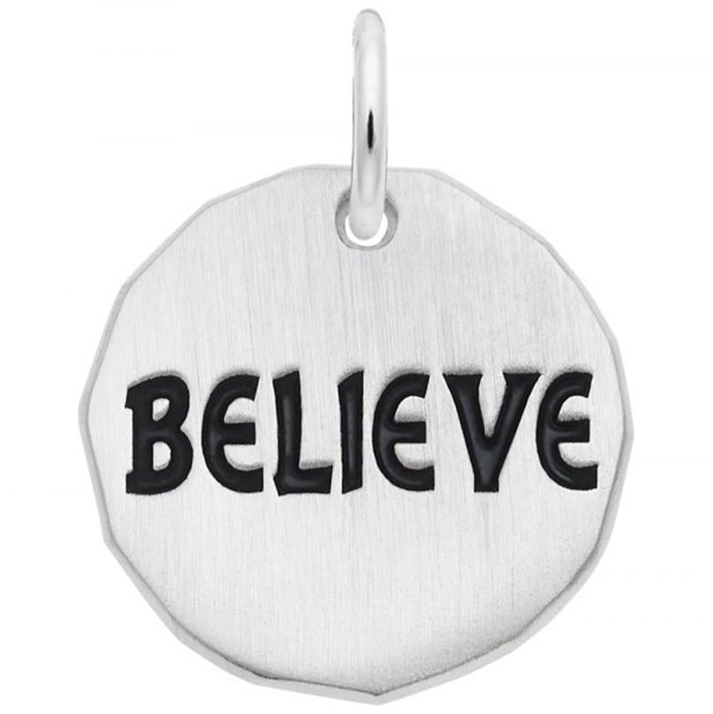 The Believe Disc Charm by Rembrandt Charms is a sterling silver pendant with round edges, featuring the word "BELIEVE" engraved in bold, black capital letters. Promoting positive thinking and self-belief, this charm includes a small circular loop at the top for easy attachment to a chain or bracelet.