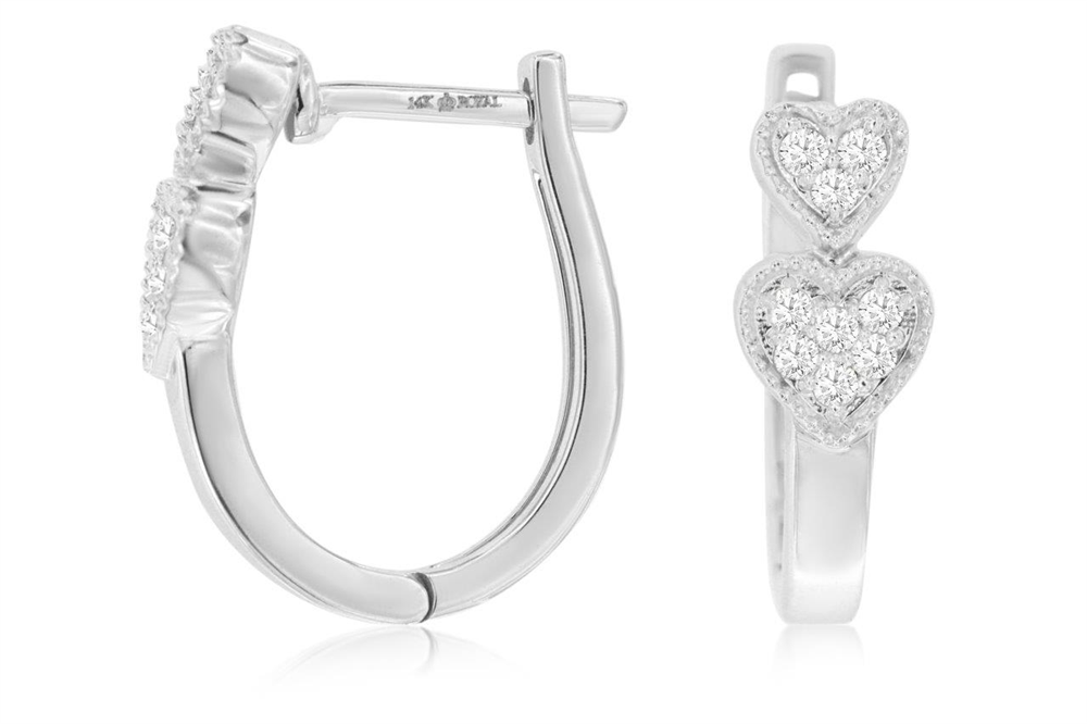 Introducing the 14k WG diamond heart hoops by Royal Jewelry, a stunning pair of earrings adorned with sparkling stones and featuring a captivating heart design. Elegantly showcased from both side and front views against a pristine white background.