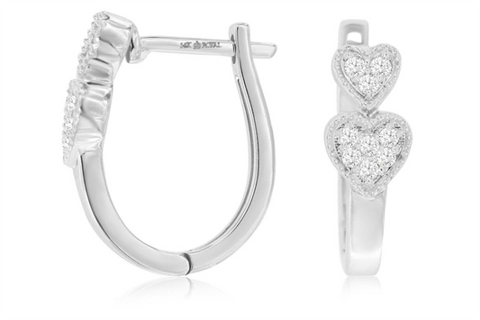 Introducing the 14k WG diamond heart hoops by Royal Jewelry, a stunning pair of earrings adorned with sparkling stones and featuring a captivating heart design. Elegantly showcased from both side and front views against a pristine white background.