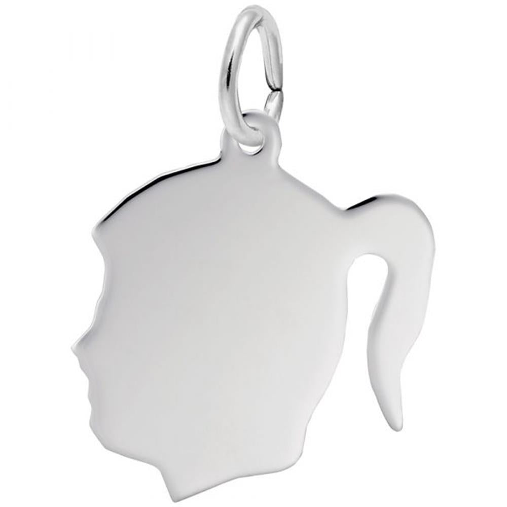 The Girl's Head Charm in Sterling Silver by Rembrandt Charms features the silhouette of a girl's profile with a ponytail. This pendant has a smooth, polished surface and a small ring at the top for attaching to a necklace or bracelet, embodying timeless elegance.