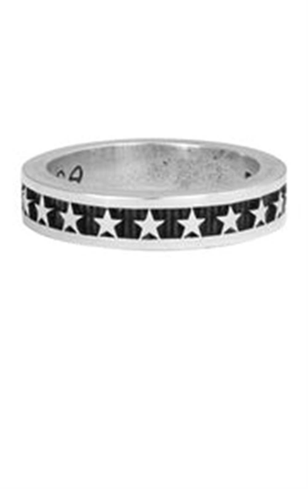 A close-up image of the King Baby SS stackable star 7 ring, showcasing its sleek, polished silver finish and a pattern of white stars set against a black band wrapped around the middle.