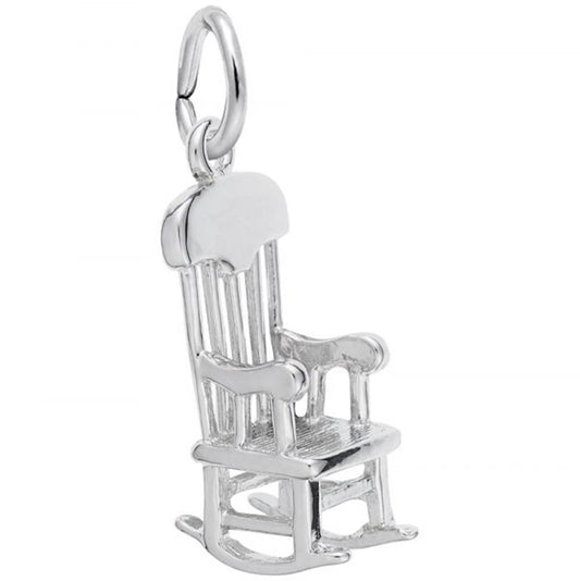 The Rembrandt Charms Rocking Chair Charm in sterling silver features an intricate design with a curved backrest, armrests, and a flat seat. This elegant charm is connected to a silver loop at the top, making it easy to attach to a bracelet or necklace.