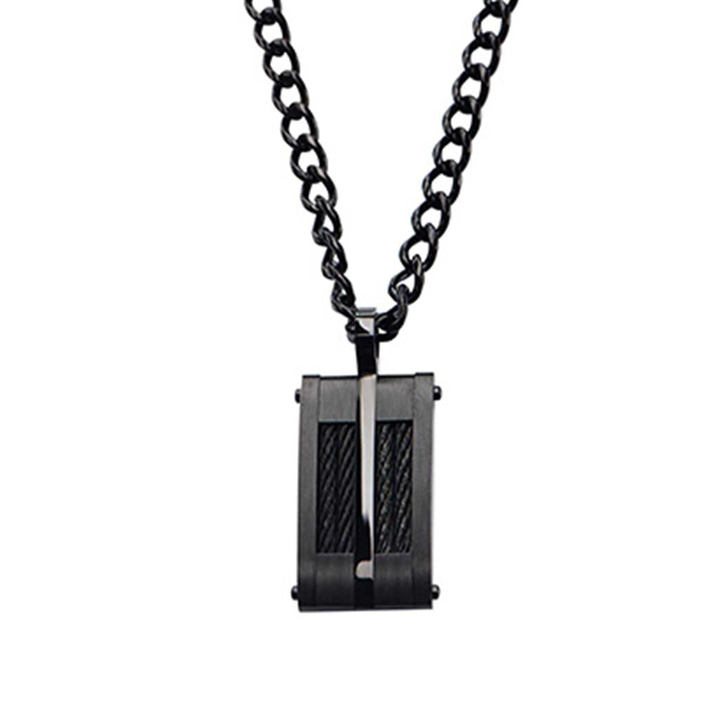 The INOX Black & Red Plated Dante Cross Pendant Necklace features a rectangular, industrial-style pendant with vertical cable-like details and a matte finish. It hangs from a thick, 24-inch chain.