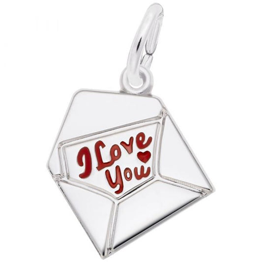 A Rembrandt Charms Love Letter Charm in sterling silver reveals a red handwritten message that says "I Love You" with a small red heart next to it, reminiscent of a timeless love letter.