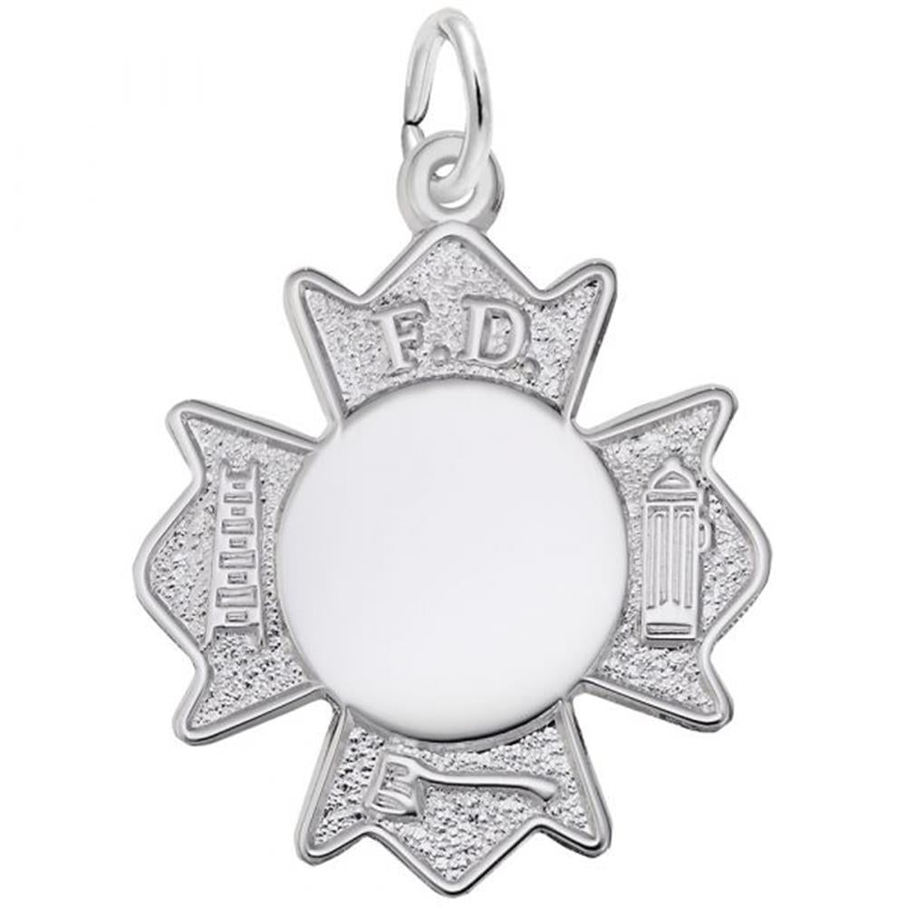 The Fire Department Badge Charm by Rembrandt Charms is crafted from sterling silver and shaped like a Maltese cross. It features intricate engravings, including "F.D." at the top, a fire hydrant on the right, a firefighter's ladder on the left, and a fireman's helmet at the bottom. The center remains empty and circular.