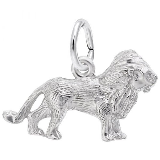 Discover the intricately designed Lion Charm in sterling silver by Rembrandt Charms. This stunning piece features a majestic lion standing on all four legs with a full mane and textured fur. Equipped with a small loop, it's perfect for attaching to your favorite necklace or bracelet, making a bold style statement.