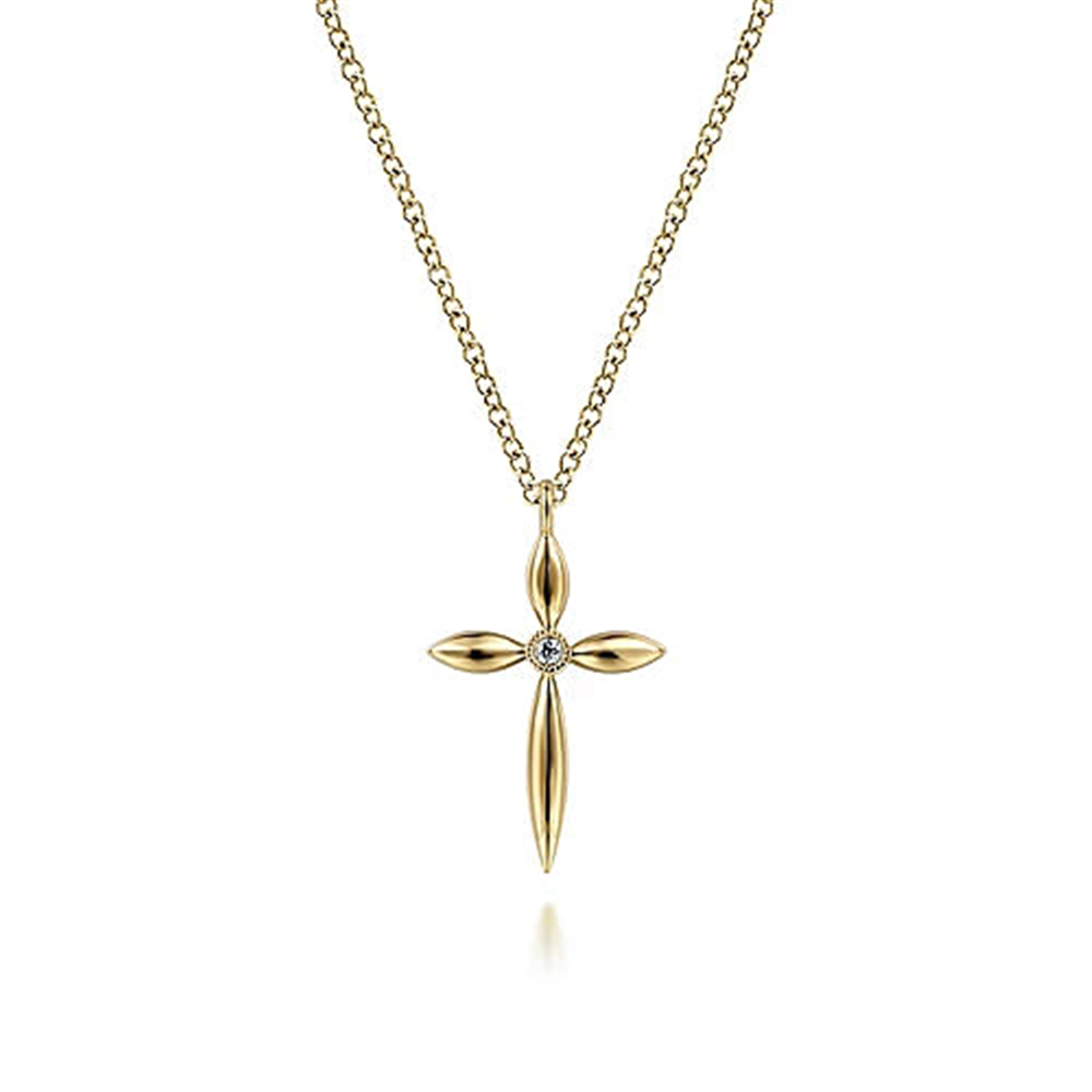 Introducing the Gabriel & Co 14K Yellow Gold Diamond Cross Pendant Necklace from our Faith Collection. This piece showcases a simple, modern design with elongated ends and a small central gemstone. Suspended on a delicate gold chain against a white background, it beautifully embodies spirituality and elegance.