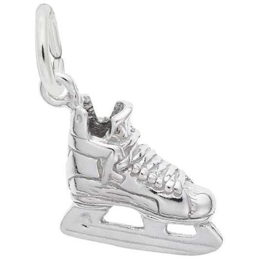 The Hockey Skate Charm by Rembrandt Charms is made from sterling silver and showcases a detailed boot and blade design. This charm includes a small loop at the top, perfect for attaching to a bracelet or necklace.