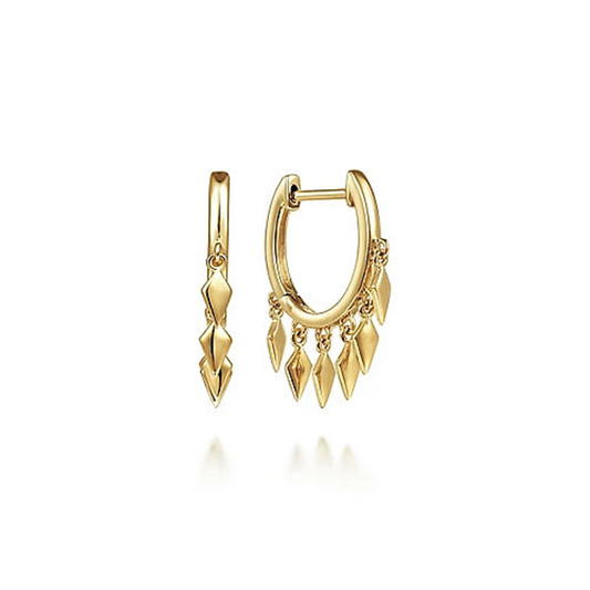 Introducing the Gabriel & Co 14K Yellow Gold Huggie Earrings with Spike Drops. From the Kaslique Collection, these chic earrings feature dangling diamond-shaped charms. One earring is displayed from the front showcasing five charms, while a side view reveals a singular dangling charm.