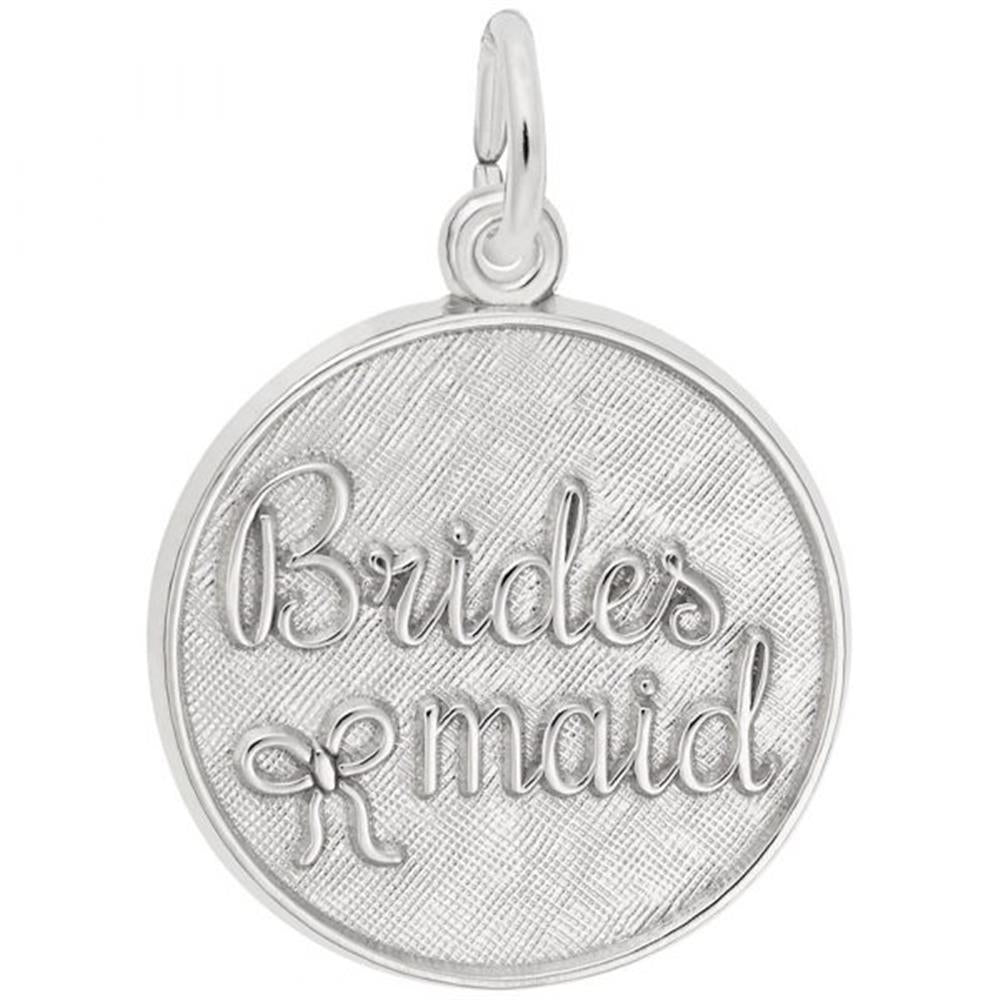 The Bridesmaid Disc Charm from Rembrandt Charms is crafted from sterling silver and features the word "Bridesmaid" engraved in an elegant script. Below the text is a small, decorative bow, and the charm includes a loop at the top for easy attachment to a necklace or bracelet.