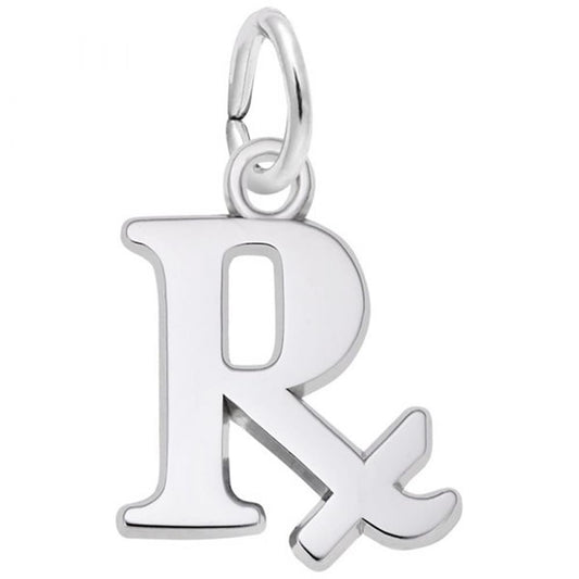 The Pharmacy Charm by Rembrandt Charms is a sterling silver charm in the shape of the "Rx" symbol, commonly used to represent prescriptions in the pharmacy field. It features a smooth, polished finish and is attached to a small loop for hanging.