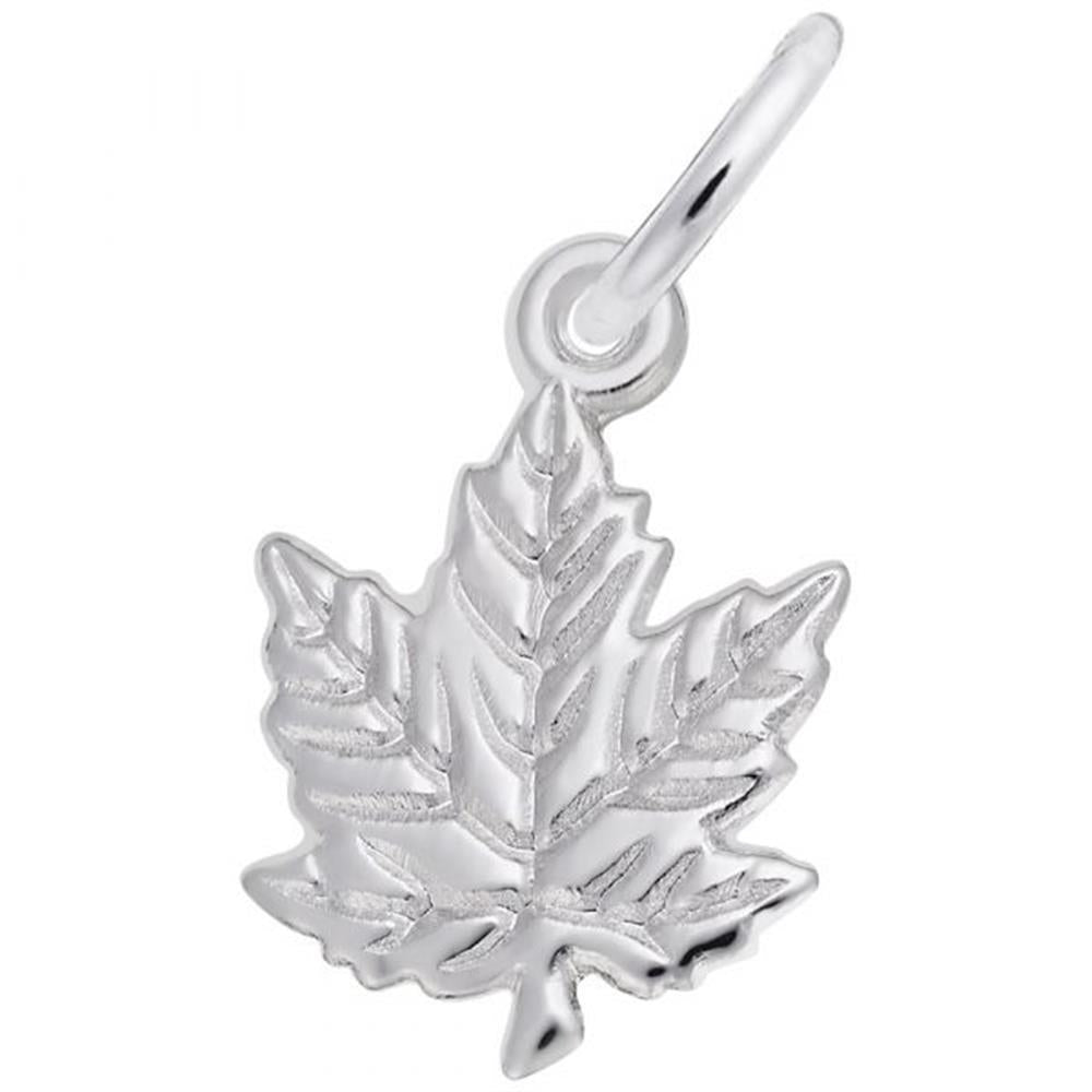 The Maple Leaf Charm by Rembrandt Charms is a sterling silver, leaf-shaped pendant featuring intricate veins and detailing. Attached to a small circular loop at the top, it elegantly resembles a maple leaf and makes a beautiful symbol of Canada. Perfect for use as a necklace pendant or on a charm bracelet, this exquisite piece embodies both elegance and craftsmanship.