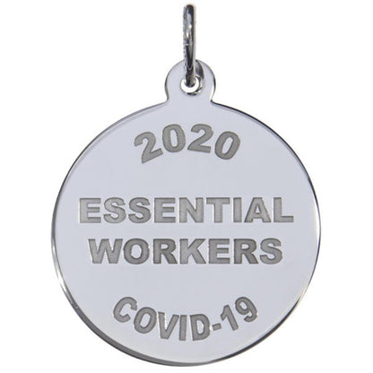 The sterling silver charm by Rembrandt Charms, engraved with "Covid-19 Essential Workers," serves as a tribute piece honoring the dedication of essential workers during the pandemic.