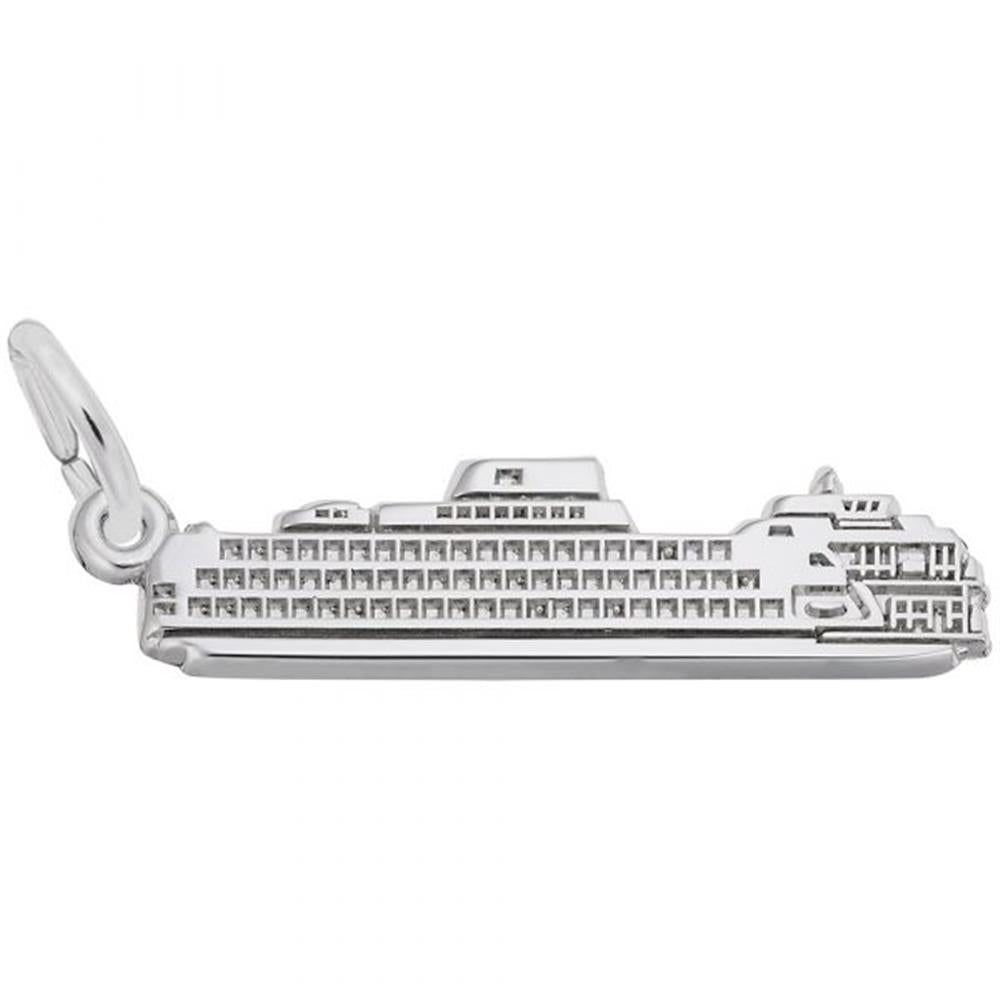 The Rembrandt Charms Staten Island Ferry Charm is a beautifully crafted piece in sterling silver, shaped like a detailed cruise ship with multiple decks and small windows. It includes a small loop on the left side for easy attachment to a bracelet or necklace, making it an ideal accessory for fans of nautical adventures.