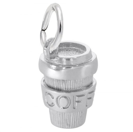 The Coffee Cup Charm in Sterling Silver by Rembrandt Charms includes an easy-to-attach ring on top and elegantly engraved "COFFEE," creating a charming keepsake for any coffee enthusiast.