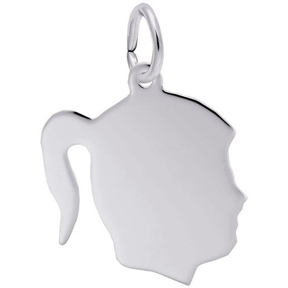 The Girl's Head Charm in Sterling Silver by Rembrandt Charms is an elegant addition to your collection, featuring a pendant in the shape of a girl's profile with a ponytail. This flat charm has a smooth finish and includes a small loop at the top for easy attachment to a chain or bracelet.