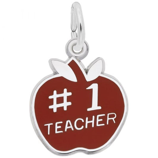 A charming Teacher Charm by Rembrandt Charms, featuring a shiny apple-shaped pendant with the inscription "#1 TEACHER." The deep red apple is outlined in sterling silver, including the stem and leaf, and is attached to a silver loop at the top. This elegant accessory makes the perfect gift for any teacher.