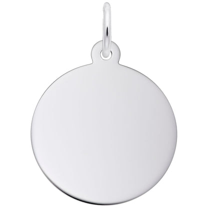 A round, smooth, silver-colored pendant from Rembrandt Charms with a small loop at the top for attaching to a chain or necklace. The surface of this Small Round Disc Charm (Thick) / Sterling Silver is reflective and plain, perfect for custom engraving to add a personal touch.