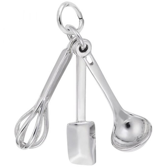 The Cooking Utensils Charm in Sterling Silver by Rembrandt Charms features a timeless collection of kitchen utensil charms, such as a whisk, spatula, and ladle, all connected by a ring.