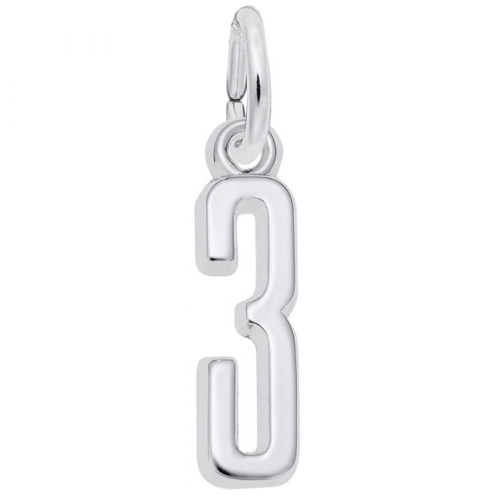 The Number 3 Charm in sterling silver by Rembrandt Charms features a loop at the top for easy attachment to a necklace or bracelet.