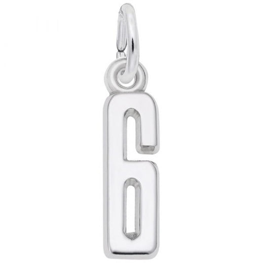 The Rembrandt Charms' Number 6 Charm, crafted from sterling silver, boasts a polished finish and an elegant design. This chic pendant is equipped with a loop at the top, making it easy to attach to any chain or bracelet.