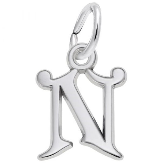 Rembrandt Charms' Curly Initial N Charm in sterling silver features a stylized uppercase 'N,' complete with a ring at the top for attaching to a chain or bracelet.