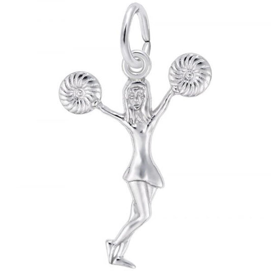 The Sterling Silver Cheerleader with Pom Poms Charm by Rembrandt Charms features intricate detailing, depicting a cheerleader mid-cheer, balancing on one foot and holding a pompom in each hand. It includes a loop at the top for easy attachment to a bracelet or necklace.