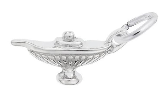 The Rembrandt Charms Lamp of Learning Charm, crafted from sterling silver, is designed to resemble an antique oil lamp. It features a small handle, a spout, and intricate detailing on its body. This charm includes a small hoop for attaching to a bracelet or necklace.