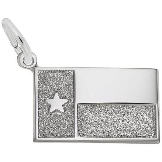 The Texas Flag Charm from Rembrandt Charms is a rectangular sterling silver pendant designed to resemble the Texas state flag. The left third of the charm features a single star on a glittery, textured background, while the remaining sections have smooth and glittery finishes. It also includes a small loop for attaching to a chain.