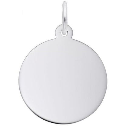 A smooth, round, silver Small Round Disc Charm (Thick) / Sterling Silver with a small loop at the top for attachment. The pendant has a polished, reflective finish and is plain without any engravings or designs. Perfect for custom engraving or adding to your collection of Rembrandt Charms.